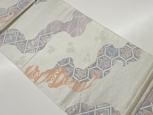 道長取に花鳥・古典柄模様織出し袋帯